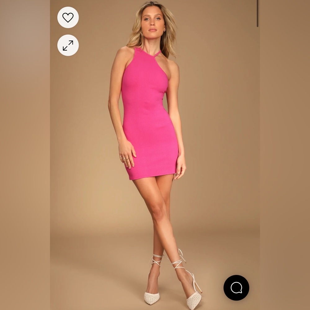 Like New Lulus Movie Magic Hot Pink Asymmetrical Bodycon Halter Neck Mini Dress
